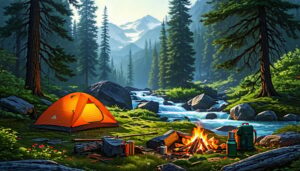 Illustrated scene of essential camping gear in the Dillon wilderness, featuring a tent, fire-starting tools, and water filtration system, symbolizing preparation and survival in the outdoors.