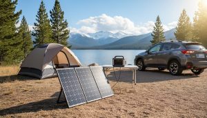 Foldable solar panels angled at 45 degrees beside a tent and SUV at Lake Dillon, Colorado, charging a portable power station on a camp table, with blue lake water, evergreen forests, and snow-dusted mountain peaks in crisp morning light.