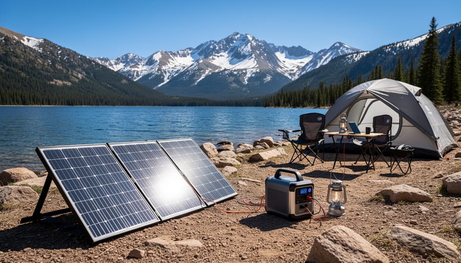 Foldable solar panels set up next to camping tent at Lake Dillon with mountain backdrop