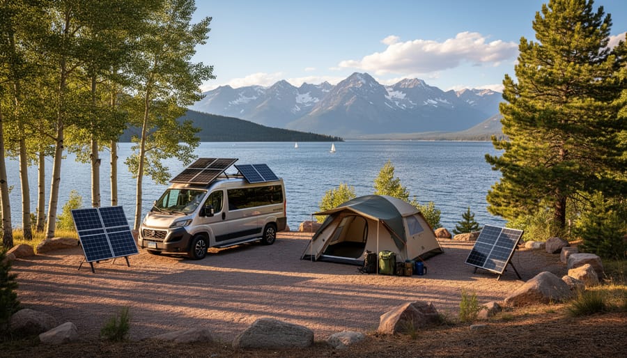 Campsite with solar panels positioned for optimal sun exposure among pine trees at Lake Dillon