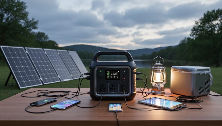 Portable power station with solar panel and charging devices on campsite picnic table