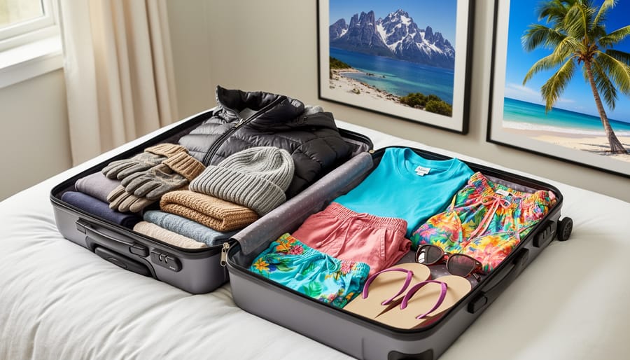 Open suitcase showing winter Colorado clothing and tropical cruise wear packed together