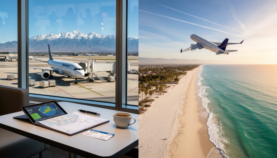 Aerial view of Denver airport with Rocky Mountains in background representing Colorado to Florida travel route