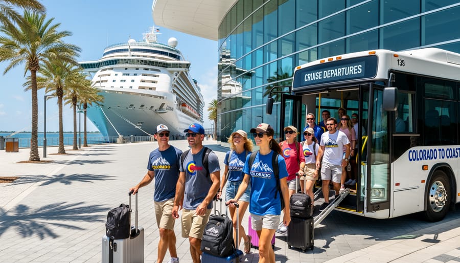 Families walking toward cruise ship at Port Canaveral terminal on embarkation day