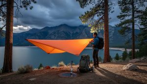Hiker in Colorado’s backcountry pitching an orange emergency tarp between pines above Dillon Reservoir as storm clouds gather, with a backpack, compact water filter, and metal bottle visible near the shelter.