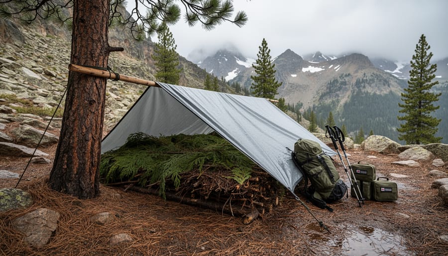 Emergency survival shelter made from orange blanket and paracord between trees in mountain forest