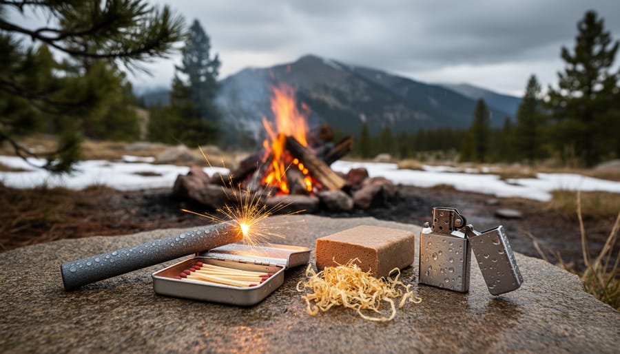 Campfire with various fire-starting tools including ferro rod and waterproof matches in mountain setting