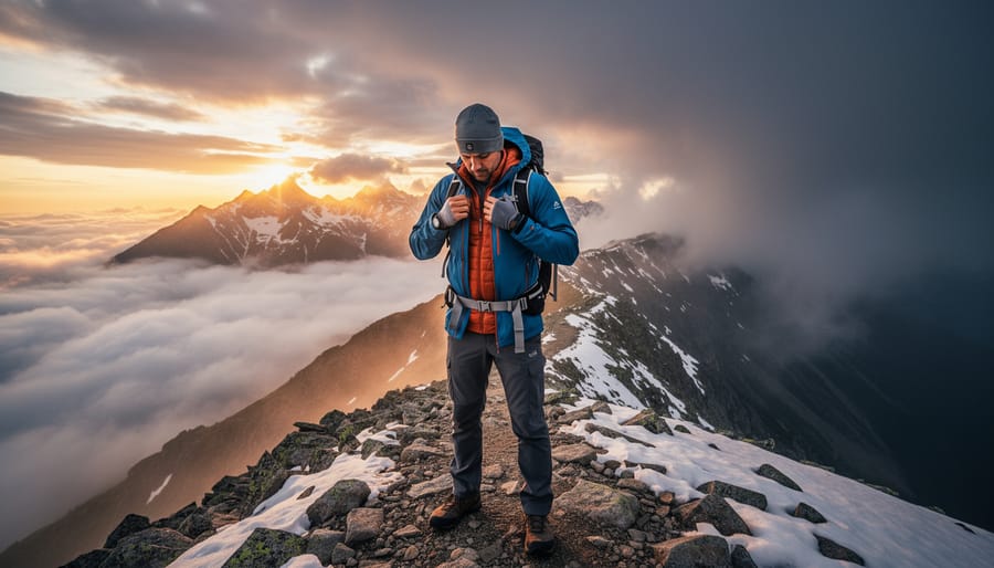Hiker wearing layered outdoor clothing in mountain environment