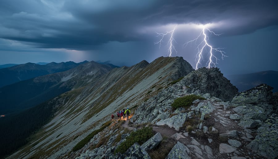 Lightning bolt striking mountain ridge during afternoon thunderstorm