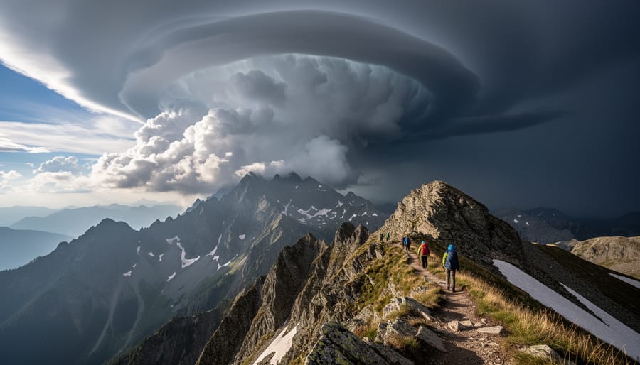 Dark storm clouds forming over mountain peaks in afternoon light