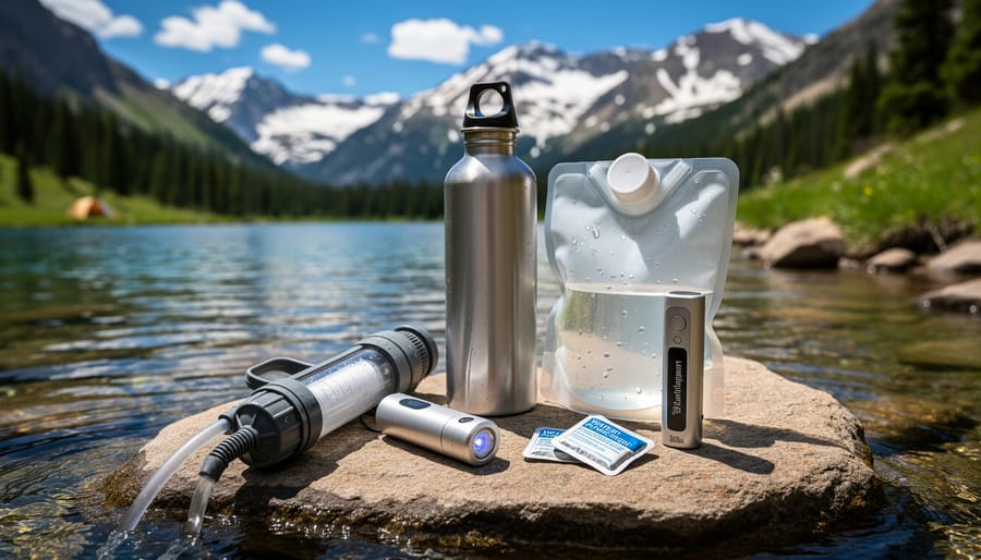 Hiker filtering mountain stream water with portable water purification device