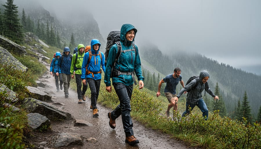 Camping tent with raindrops on waterproof fabric during mountain rain