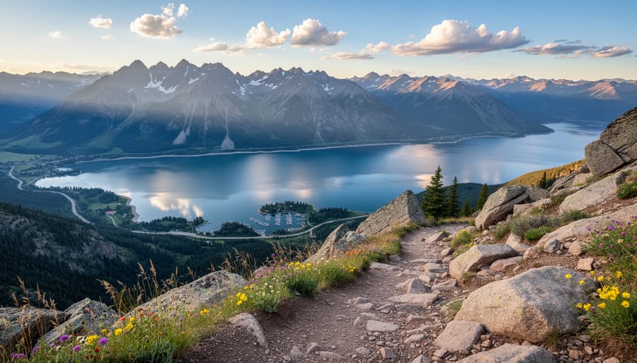 A hiker on an alpine trail near Silverthorne with the Tenmile Range and Dillon Reservoir in the distance