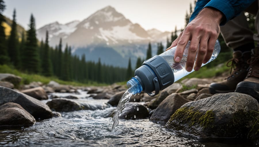 A water filter attached to a hose drawing water from a mountain stream.