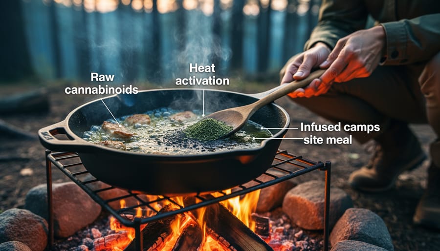 Campfire cooking setup with a cast-iron pan and foil packet beside low flames in a forest campsite.