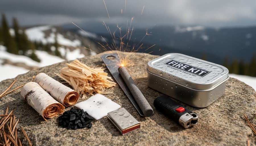Close-up of waterproof ferro rod and dry tinder in a hiker’s hands in a pine forest.