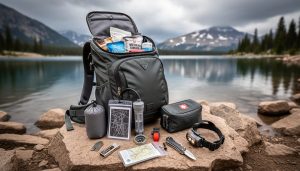 Survival gear essentials laid out from a hiking pack near a Colorado alpine lake, including fire starter, water filter, emergency shelter, first-aid kit, headlamp, and insulation layers.