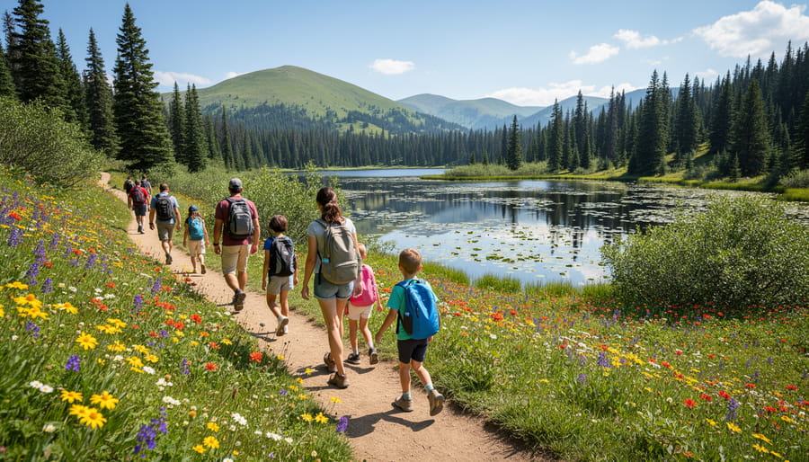 Family hiking on a gentle trail toward an alpine lake near Silverthorne