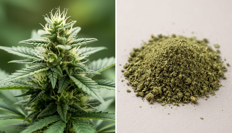 Fresh cannabis flower bud and green leaves on a wooden cutting board with a softly blurred campsite background.