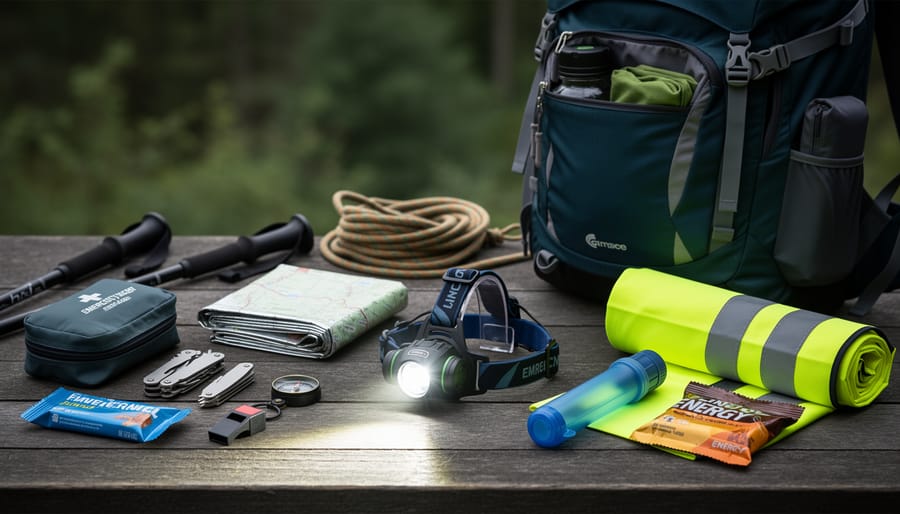 Headlamp lighting a backpack survival kit on a dark forest floor at night.
