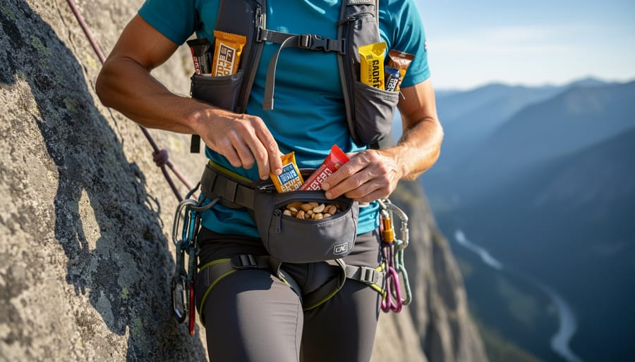 Hiker reaching into a backpack pocket to grab hiking snacks with trail in the background