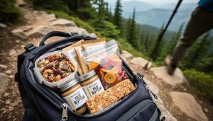 Close-up of an open hiking backpack on a rocky trail with leak-proof trail mix containers, dried fruit, and snack bars arranged for easy access.