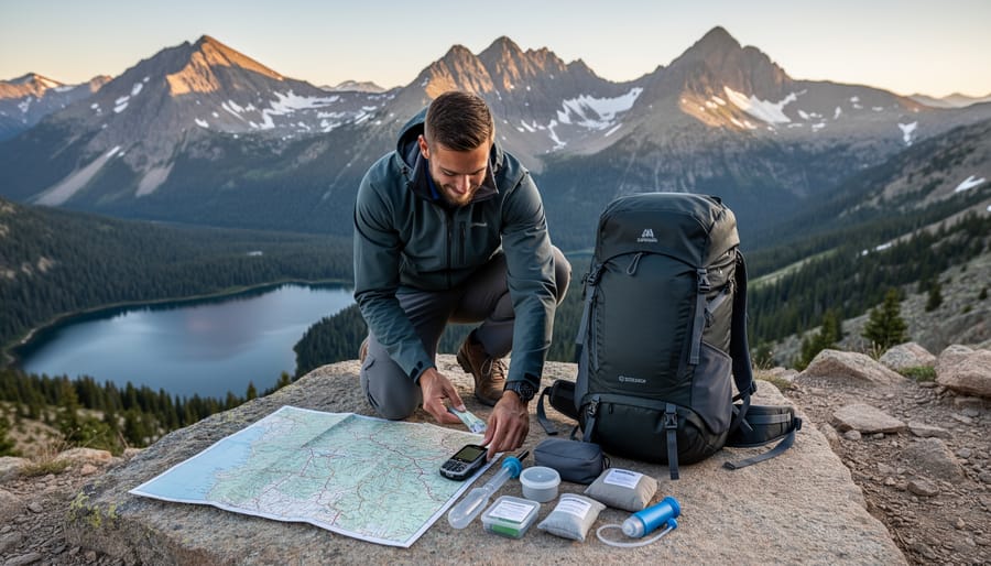 Hiking traveler near mountains holding a capped tincture bottle and warm mug with a clean campsite area in view.