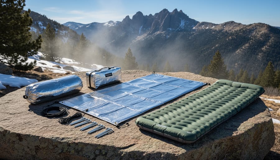 Mylar emergency shelter blanket and bivy deployed beside a backpack on rocky ground near a pine tree.