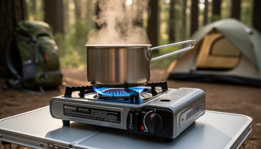 Portable camping stove simmering in a campsite with steam rising above the pot.
