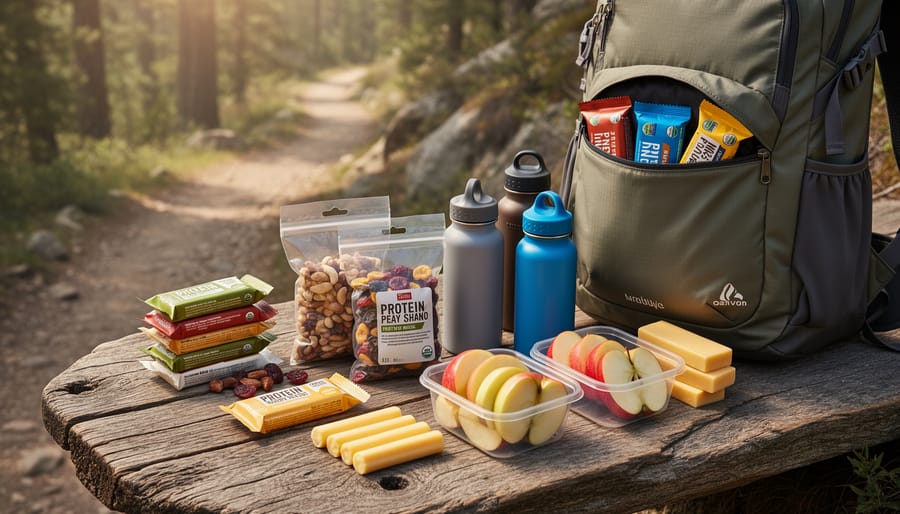 Portioned hiking snacks in reusable bags and a rigid container, including trail mix and no-bake cookie squares on a wooden table