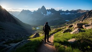 “Hiker on a mountain trail near Silverthorne with alpine peaks and a distant lake under golden hour light.”