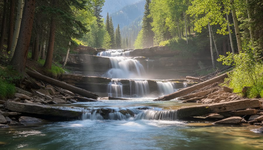 Waterfall cascading over rocks with a forested trail area in the background near Silverthorne