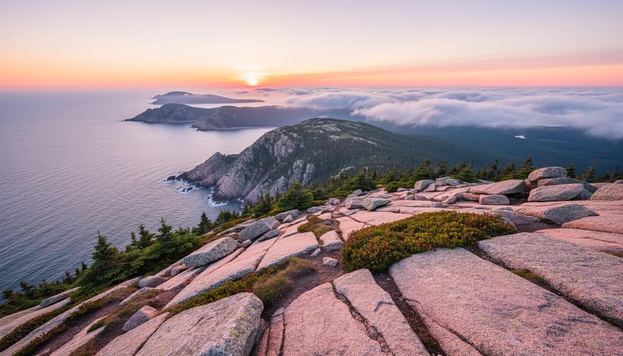 Cadillac Mountain at sunrise with the Atlantic Ocean and rocky shoreline in Acadia National Park