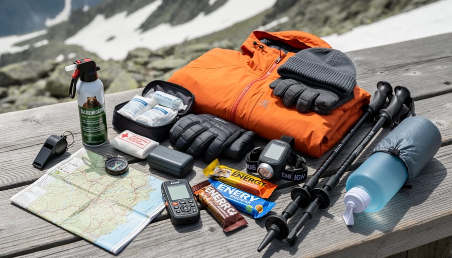 Bear-spray canister and headlamp arranged next to hiking boots on rocky ground