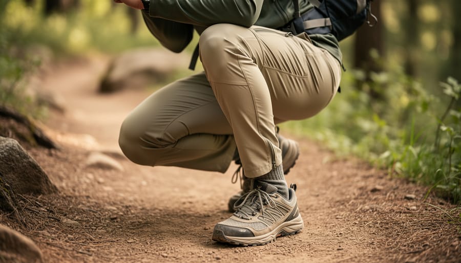 Close-up of women’s hiking pants flexing at the knee to show mobility and seam construction