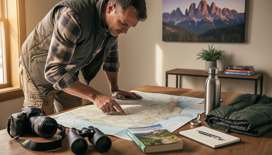 Adventurer in outdoor clothing examining a folded national parks map at a picnic table with a compass nearby