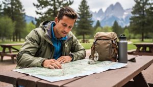 A Colorado traveler examines a folded national parks map at a picnic table with a compass, daypack, and water bottle nearby.