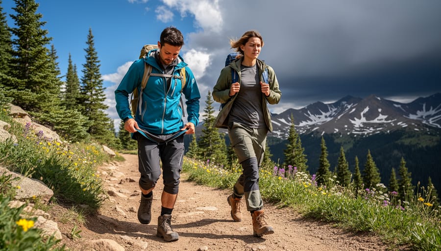 Woman hiking uphill in convertible hiking pants with legs zipped to adapt to changing conditions.