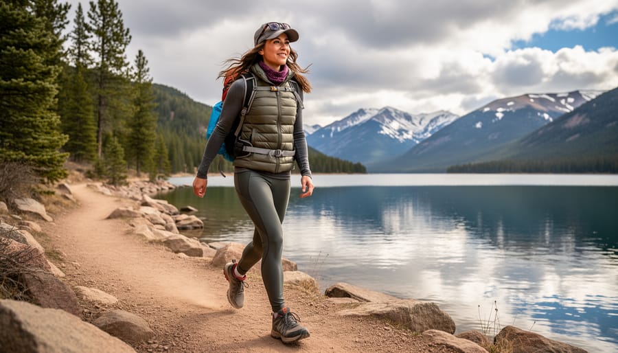 Hiker wearing a cute, sun-protective outfit on a trail near Dillon Reservoir with pines and water in the background