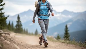 A hiker wearing coordinated moisture-wicking layers and trail shoes on a rocky Colorado path with mountains in the background.