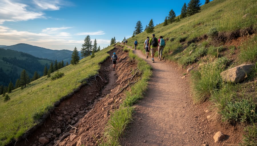 Eroded shortcut path cutting across a hillside beside a maintained hiking switchback trail
