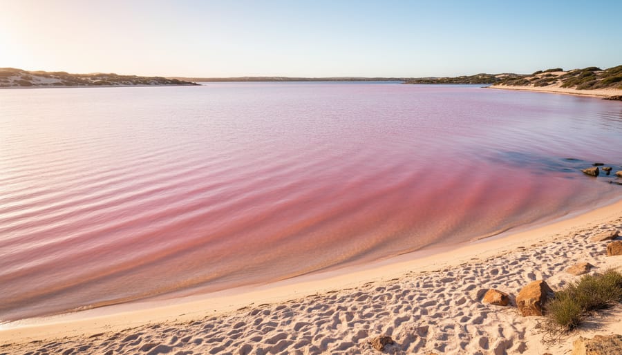 Wide shoreline view of the pink lake water at Esperance with a person standing in the distance for scale