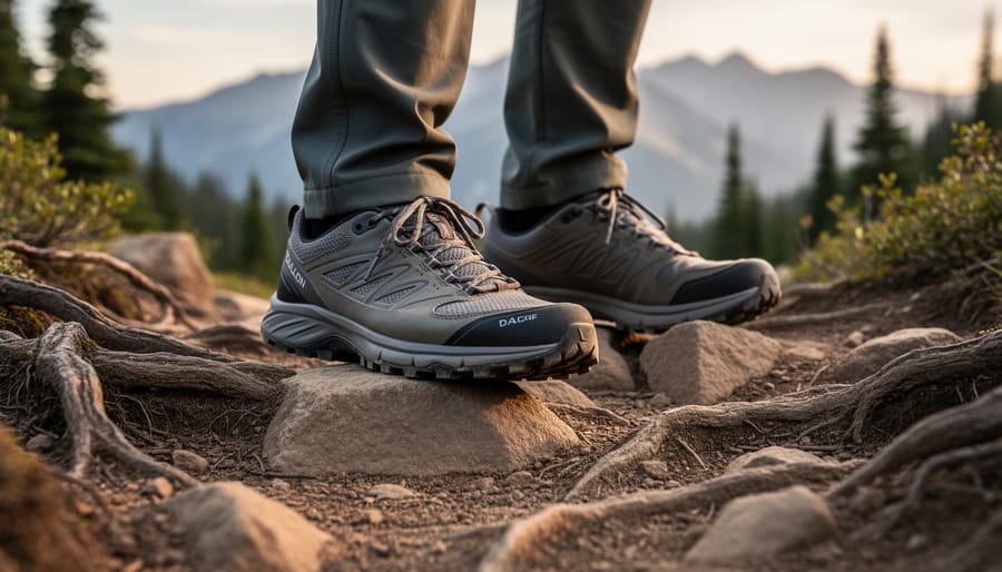Trail shoes with tread and hiking poles on a rocky Colorado hiking path near conifer trees