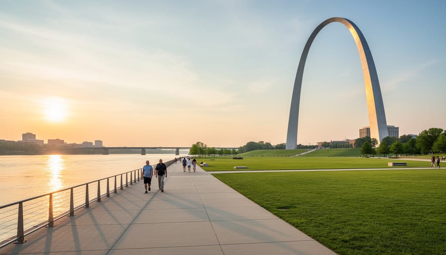 Families walking along the Gateway Arch riverfront with the arch framed in the distance during sunset