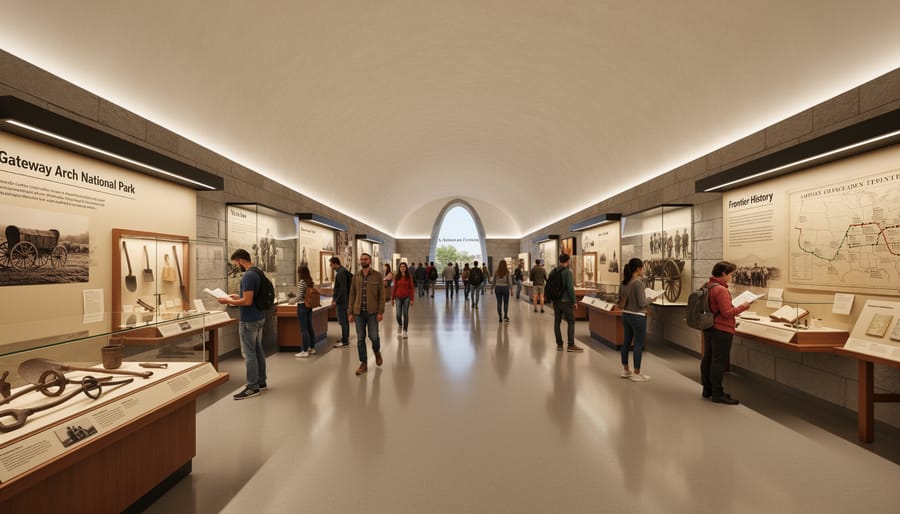 Visitors walking through the underground museum corridor at the Gateway Arch National Park