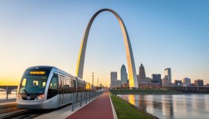The Gateway Arch rises from the Mississippi River waterfront in St. Louis, with a tram near the arch base and the skyline in the distance.