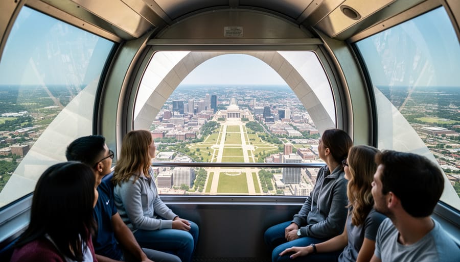 Passengers seated inside the Gateway Arch tram looking out through the windows toward the arch interior