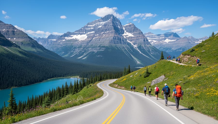 View toward glacier-capped mountains and the Going-to-the-Sun Road area in Glacier National Park