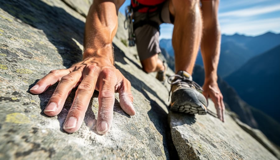 Close-up of gloved hands holding a rock edge while boots press into textured stone for traction during scrambling.