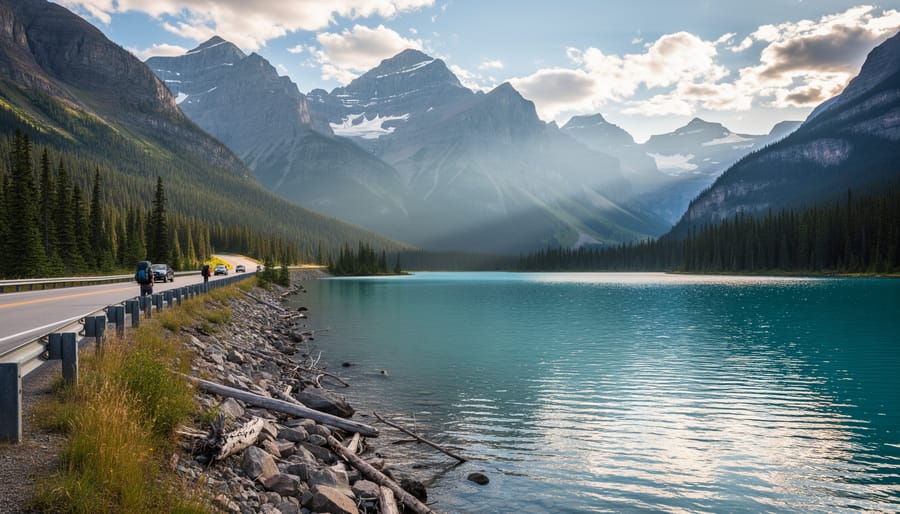 Hiker standing by a mountain lake with ridges in the distance in Kananaskis Country